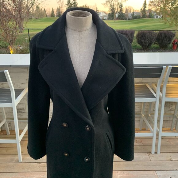 Vintage 90s Double Breasted Belted Long Maxi Overcoat Black Wool Trench Coat - Picture 3 of 16